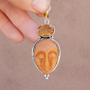 New Carved Goddess Face Gemstone Silver Pendant.